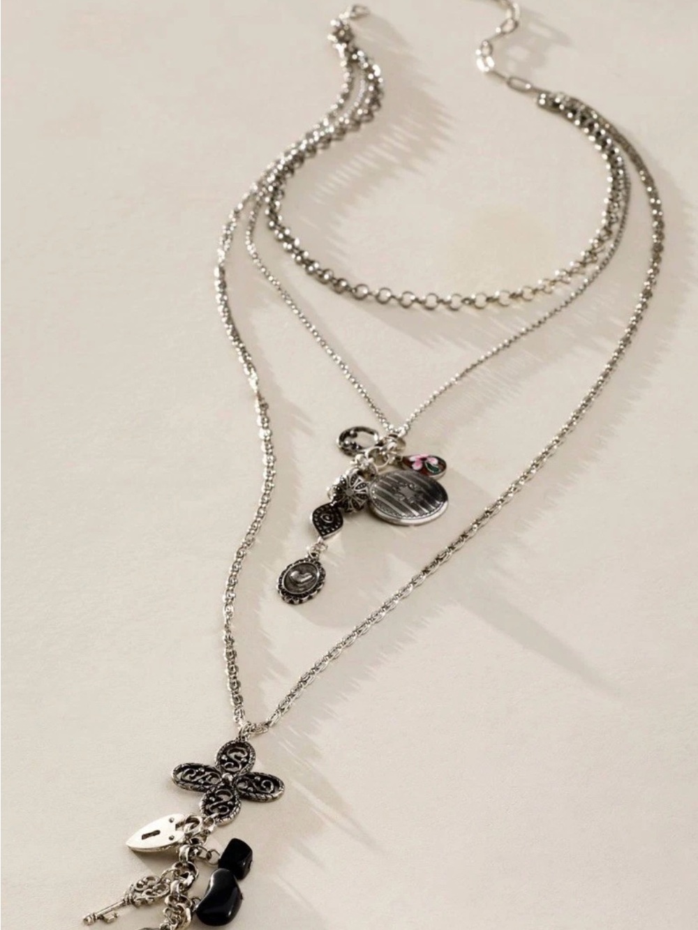 Free People Winlet Layer Necklace Silver Tone Mixed Long 3 Layer Charms - Picture 5 of 6